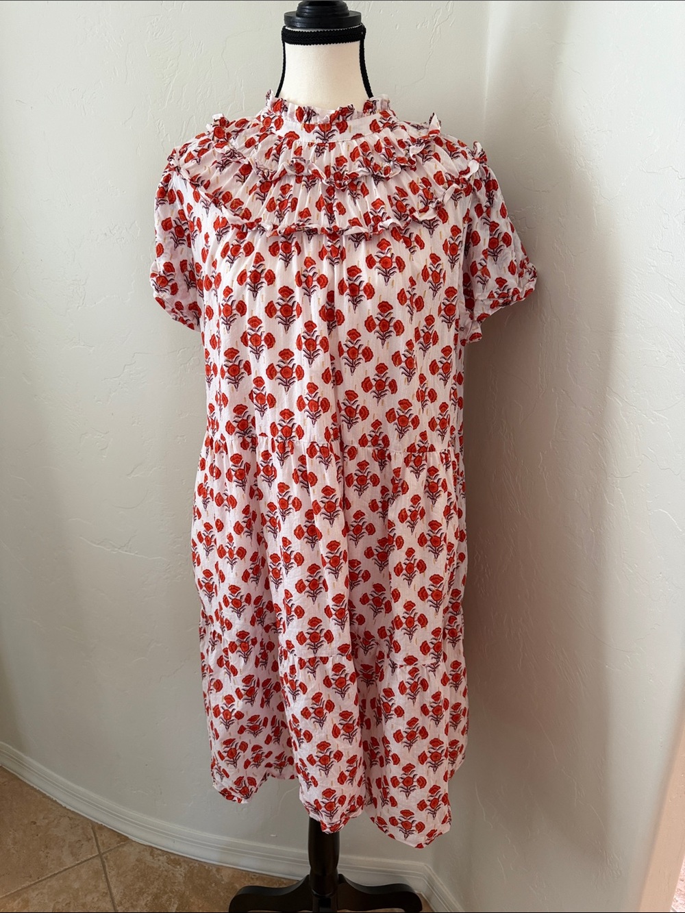 Boden White Midi Dress with Red Floral Print